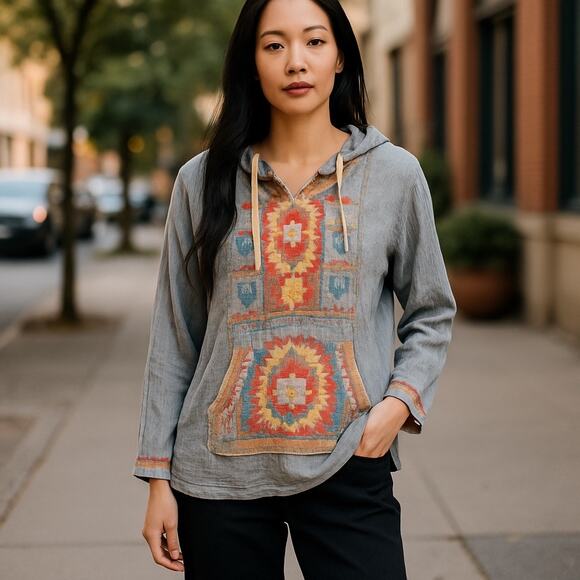 Johnny Was Women’s Large Hooded Tunic Top Gray Embroidered Boho Pullover - Picture 1 of 7
